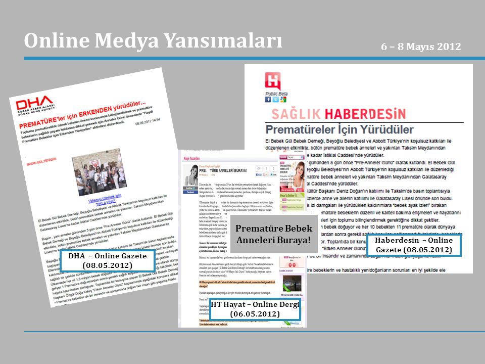 DHA – Online Gazete ( ) Haberdesin – Online Gazete ( ) 6 – 8 Mayıs 2012 Online Medya Yansımaları HT Hayat – Online Dergi ( ) Prematüre Bebek Anneleri Buraya!