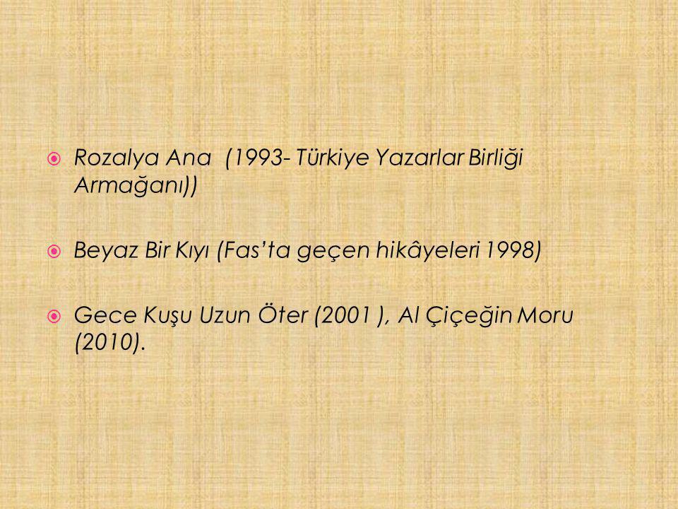  Rozalya Ana (1993- Türkiye Yazarlar Birliği Armağanı))  Beyaz Bir Kıyı (Fas’ta geçen hikâyeleri 1998)  Gece Kuşu Uzun Öter (2001 ), Al Çiçeğin Moru (2010).