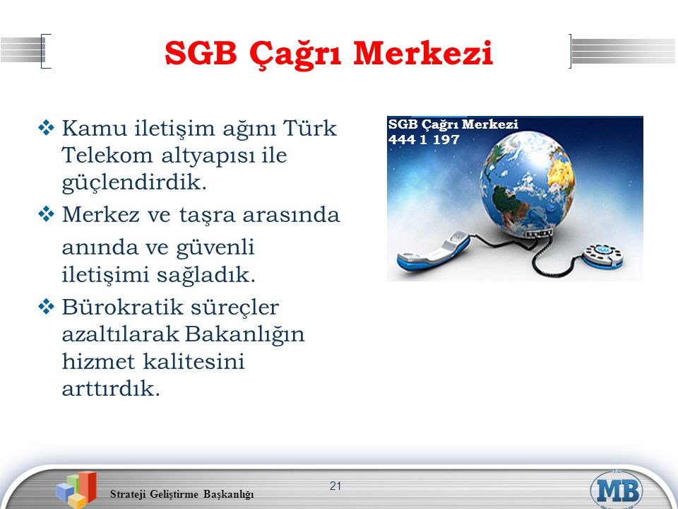 Strateji Geliştirme Başkanlığı 21 SGB Çağrı Merkezi   Kamu iletişim ağını Türk Telekom altyapısı ile güçlendirdik.