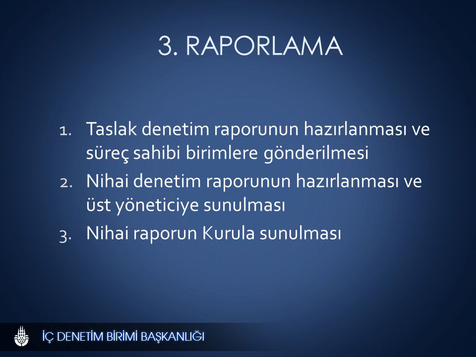 3. RAPORLAMA 1. Taslak denetim raporunun hazırlanması ve süreç sahibi birimlere gönderilmesi 2.