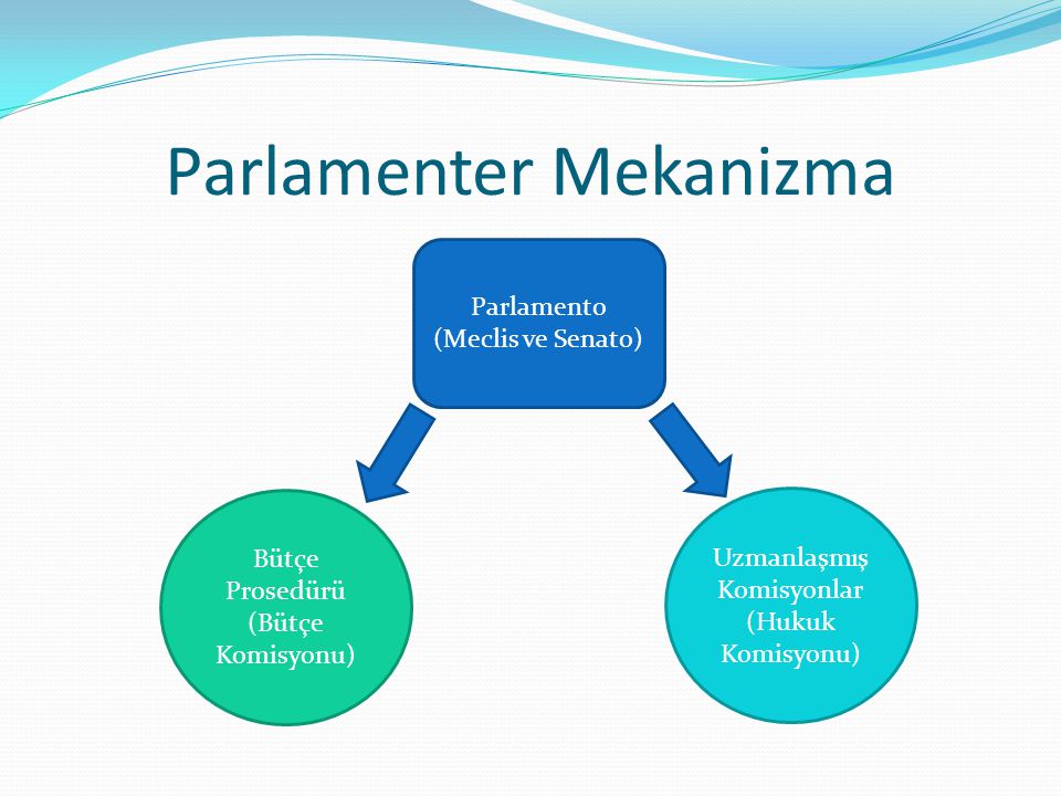 Parlamenter Mekanizma Parlamento (Meclis ve Senato) Uzmanlaşmış Komisyonlar (Hukuk Komisyonu) Bütçe Prosedürü (Bütçe Komisyonu)