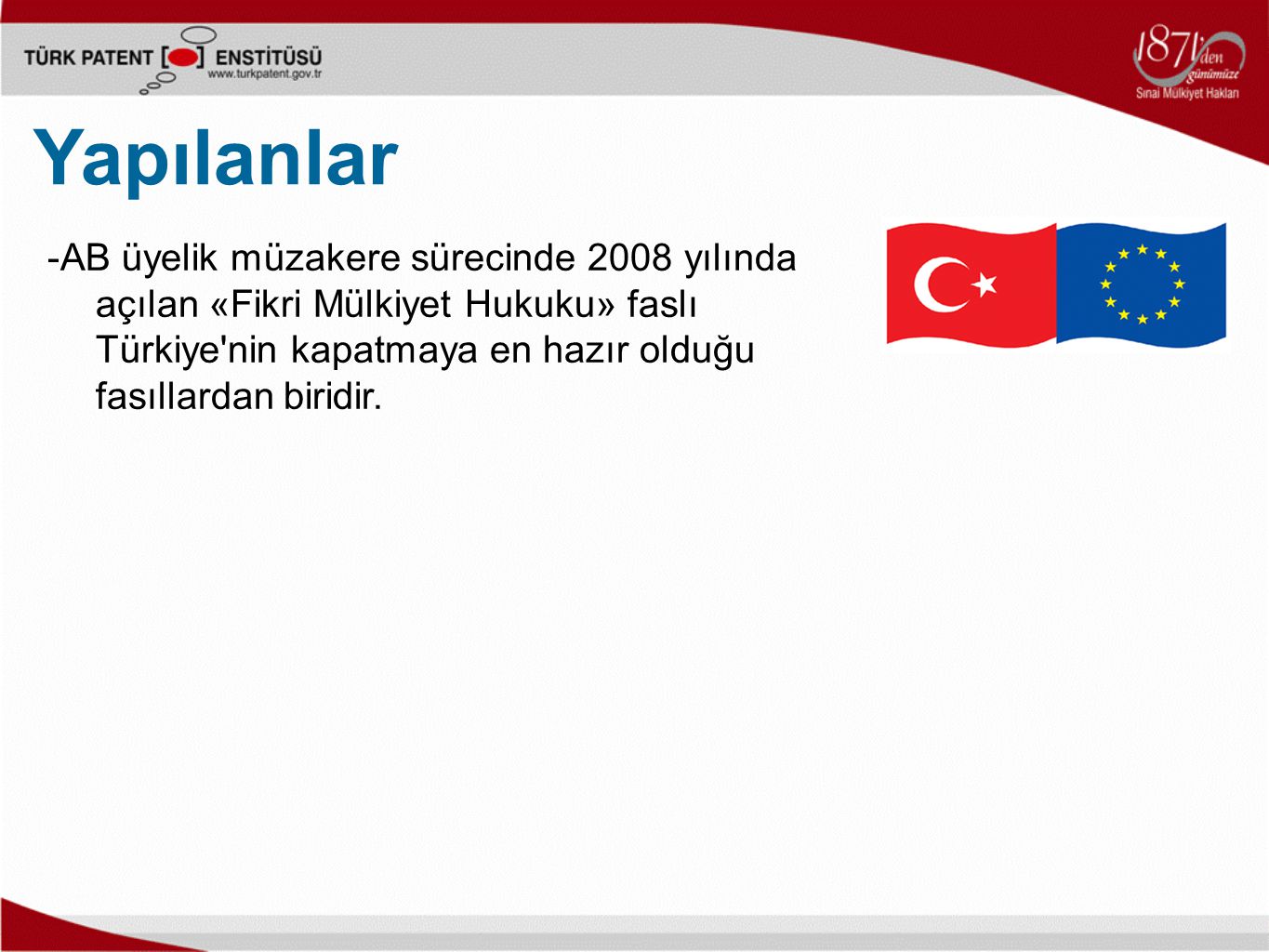 -AB üyelik müzakere sürecinde 2008 yılında açılan «Fikri Mülkiyet Hukuku» faslı Türkiye nin kapatmaya en hazır olduğu fasıllardan biridir.