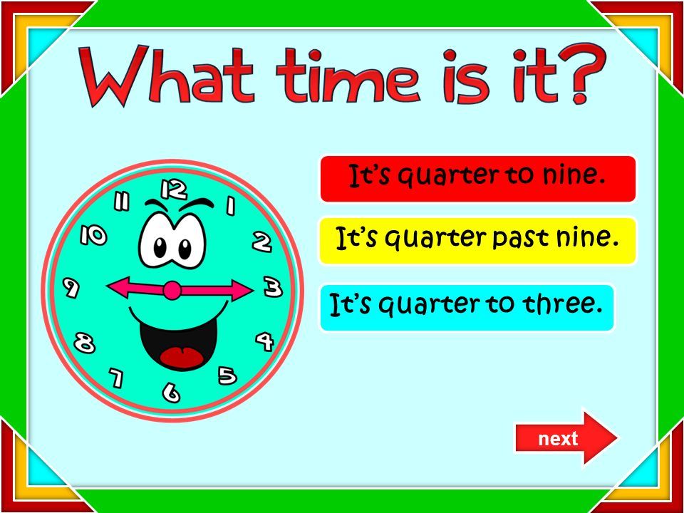 Игра what time is it. Quarter past Nine. It's Quarter past Nine. It's Quarter to Nine.